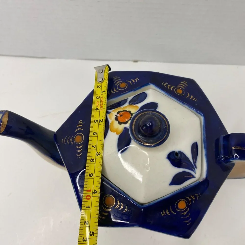 Moriyama ceramic hexagonal teapot with lid cobalt blue floral hand painted Japan